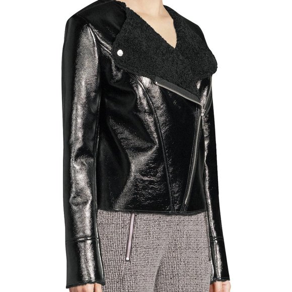 Michael Kors Faux Shearling Zip-Front Patent call Moto Jacket - Picture 2 of 10